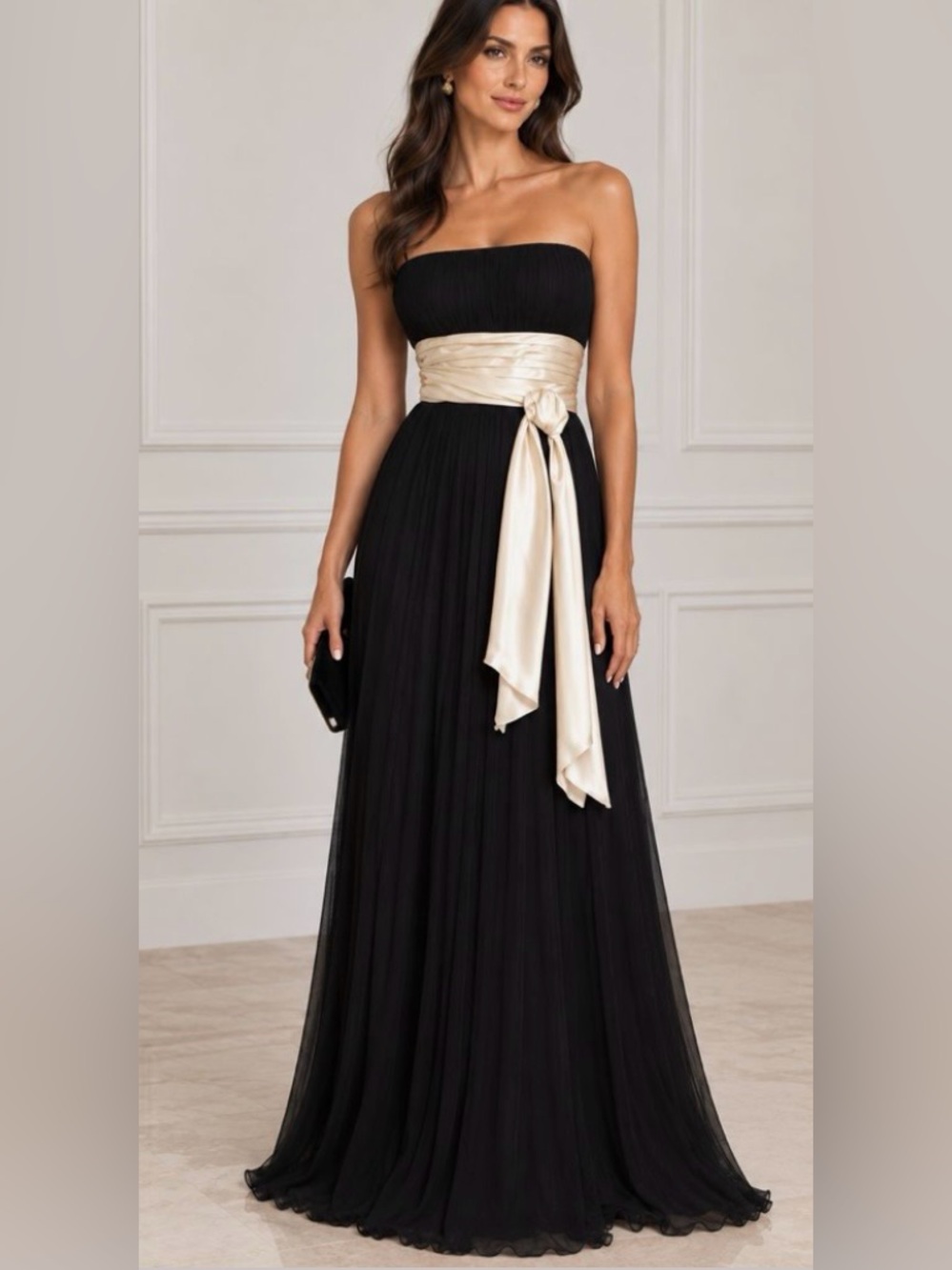 BCBGMaxAzria Black Strapless Gown with Cream Sash 100% Silk